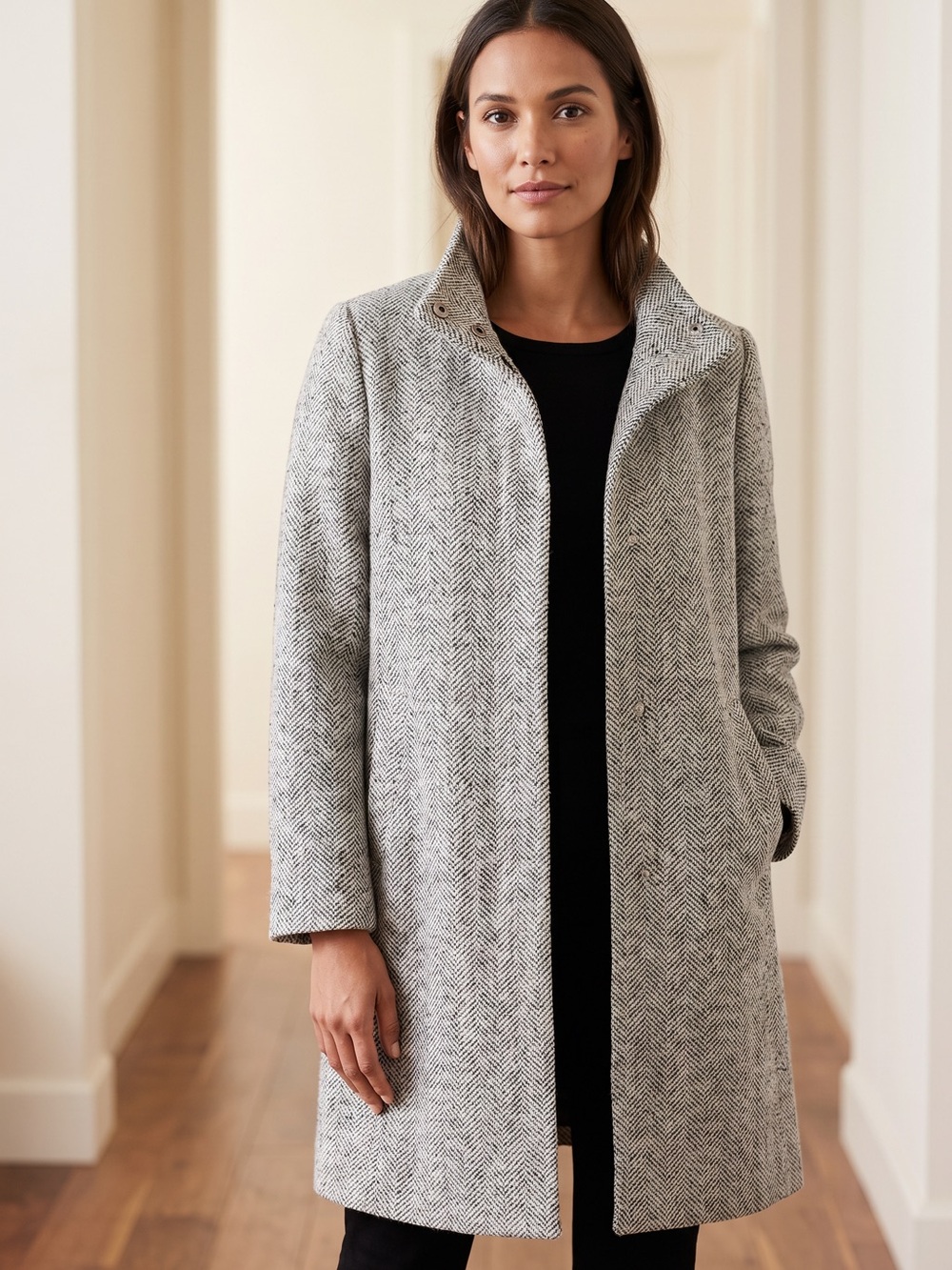 LOFT Black and White Herringbone Tweed Coat L